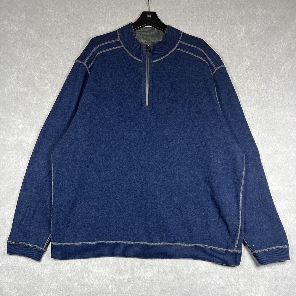 Tommy Bahama Sweater Mens XXL 2XL Gray Blue 1/4 Zip Pullover Reversible Casual
